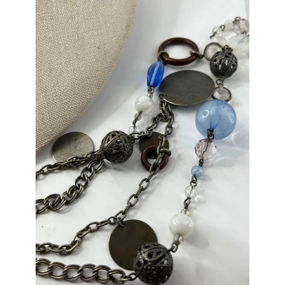 Vintage Avon NR necklace baby blue stones signed double chain filagree discs - Picture 2 of 5